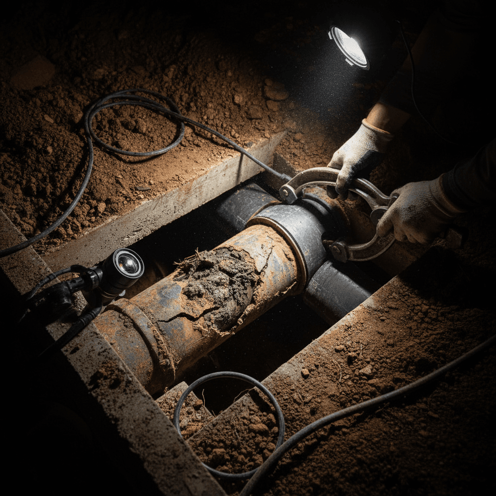 Sewer line repair work on damaged underground pipe