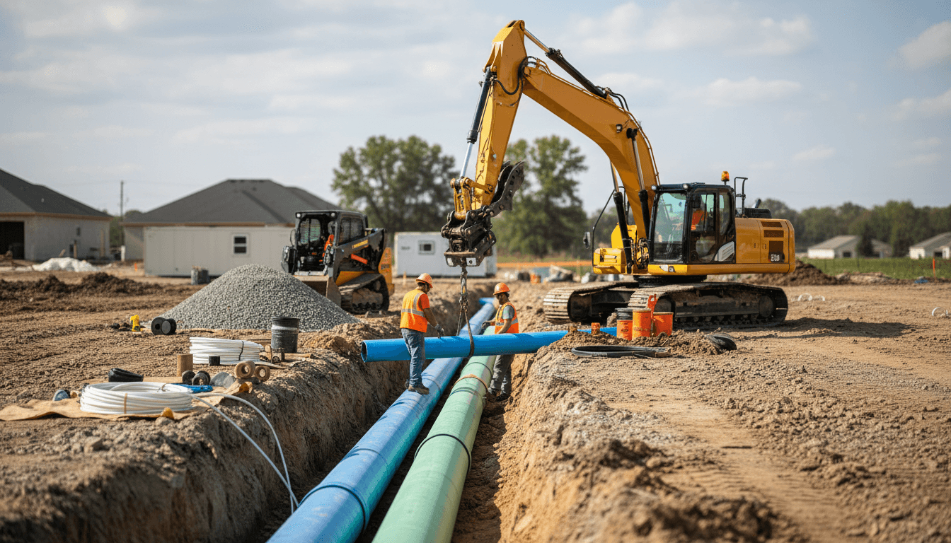 Construction site with water and sewer lines being installed from elevated view.