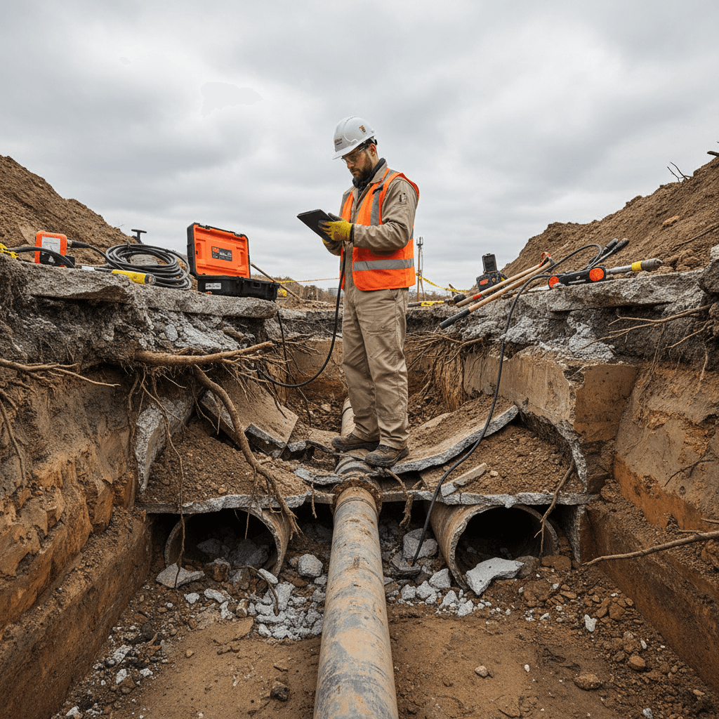 Sewer line repair work in active excavation